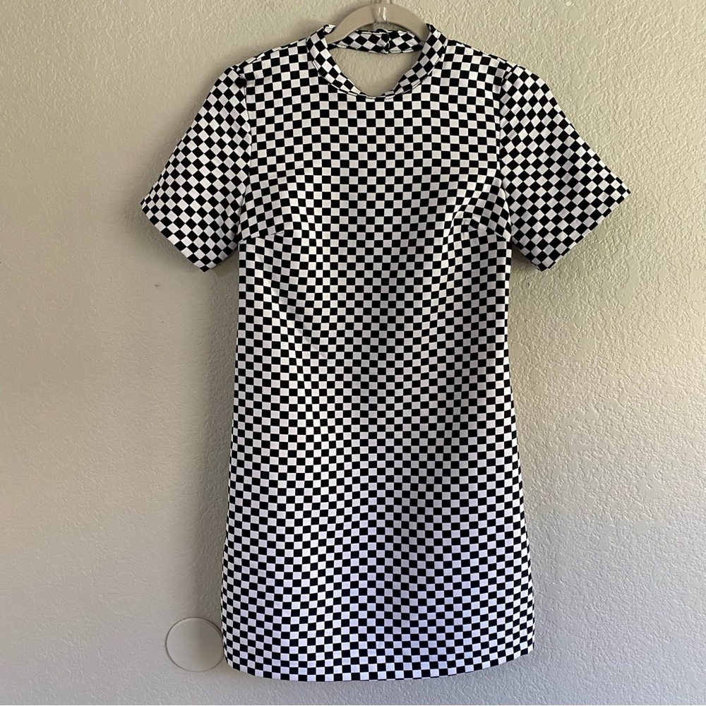 Zara Womens Checkered Print Short Sleeve Shift Mini Dress Black White